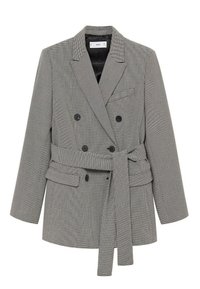 Blazer gris à carreaux  à double boutonnage avec revers à encoche, boutons noirs, deux poches avant à rabat, poche poitrine et ceinture assortie en tissu.