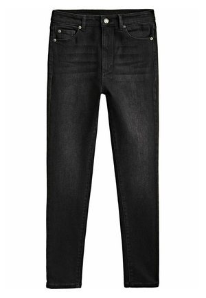 Zwarte slim-fit spijkerbroek met vijf zakken, riemlussen en knoopsluiting aan de taille, plat gelegd tegen een witte achtergrond.