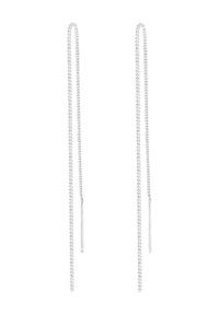 Lange sølvøreringe med tynde, vævede kædelinks og lige, minimalistiske postakcenter for enden. Glat, reflekterende overflade.