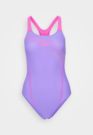 Lilac swimwear with pink accents, featuring a racerback design, smooth fabric, and diagonal stitching pattern. Brand logo at the chest.