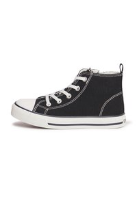 Schwarze High-Top-Sneaker aus Canvas mit weißer Gummispitze, Schnürverschluss, weißen Nähten und einer kontrastierenden Gummisohle. Dezentes Logo an der Ferse.