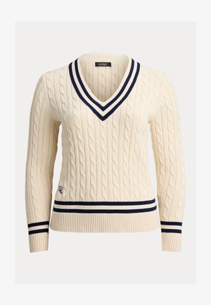 Crèmekleurige kabelgebreide V-hals trui met navy strepen op de kraag, manchetten en zoom, met een klein geborduurd logo bij de taille.