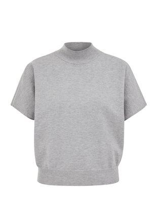 Top grigio chiaro a maniche corte con collo alto, caratterizzato da una texture morbida e un orlo inferiore aderente. Design semplice, senza motivi o dettagli decorativi.