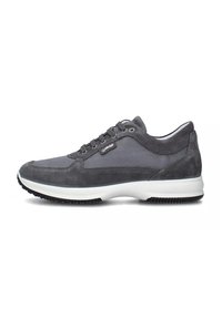 Scarpa atletica grigia caratterizzata da un mix di materiali in camoscio e mesh, una punta arrotondata, lacci piatti e una suola intermedia bianca con una suola esterna nera e texturizzata.