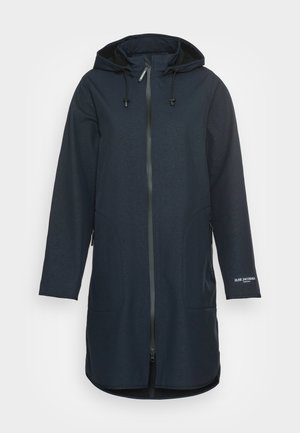 Long navy coat with a hood, zip front, two side pockets, and elastic drawstrings. Made from a textured fabric with a subtle pattern.