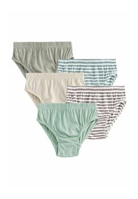 Vier Paare Baumwollslips: zwei unifarbene (grün, beige) und zwei gestreifte Muster (blau und braun), mit elastischen Bündchen.