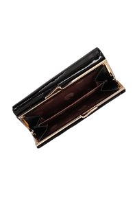 Černá peněženka z lakované kůže se zlatým rámečkem, s hnědým vnitřkem s puntíkovaným vzorem, dvěma přihrádkami a držáky na karty.