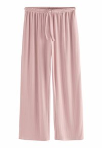Pantaloni a gamba larga rosa chiaro realizzati in morbido tessuto, con vita regolabile e texture a coste verticali.