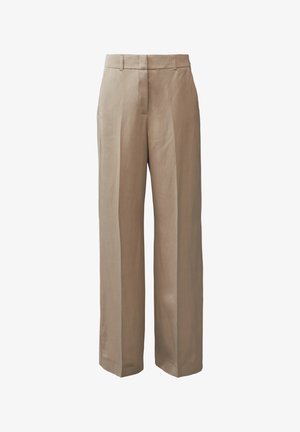 Beige, wide-leg trousers made of smooth fabric with a front zipper closure, belt loops, and two front pleats for added structure.