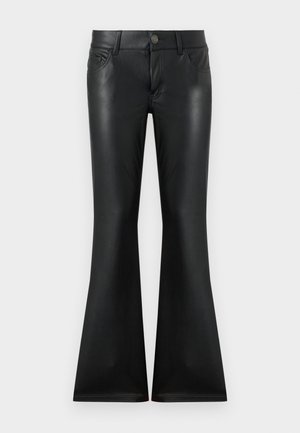 Mustad lahkuvad püksid, mis on valmistatud siledast, läikivast materjalist. Omavad viie taskuga disaini, ees tagasilukkude sulgemist ja õrna kontrastset õmblust.