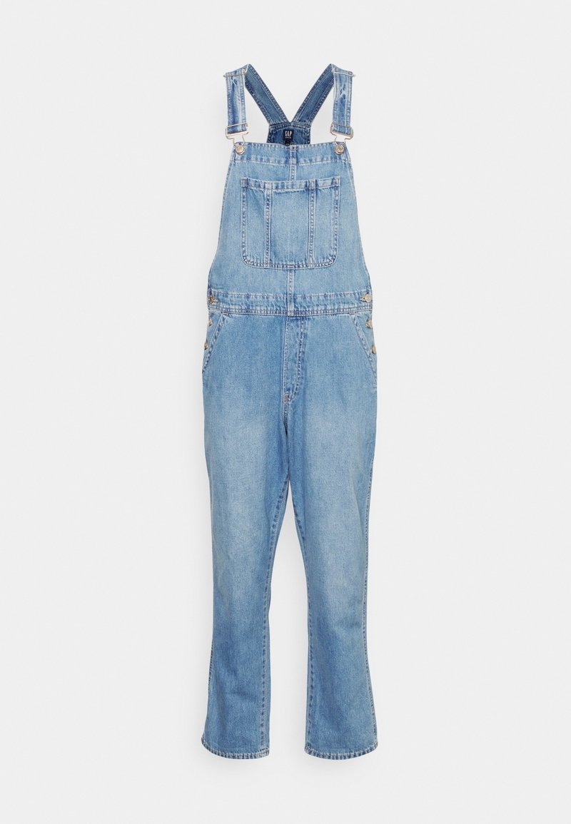 Denim overalls in light blue with adjustable straps, front pocket, side buttons, and straight leg design. Smooth texture, classic design.