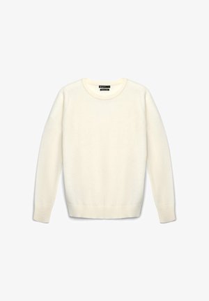 Maglione color crema realizzato in morbido materiale a maglia, con scollatura rotonda, maniche lunghe e bordi e polsini a costine.