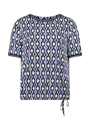 Bluzka z krótkim rękawem wykonana z lekkiego materiału w niebiesko-biało-czarny wzór abstrakcyjny. Posiada okrągły dekolt oraz regulowany detal wiązany na dole.