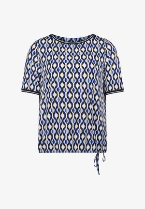 Bluzka z krótkim rękawem wykonana z lekkiego materiału w niebiesko-biało-czarny wzór abstrakcyjny. Posiada okrągły dekolt oraz regulowany detal wiązany na dole.