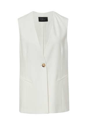 Witte mouwloze vest met een diepe V-hals, sluiting met één knoop en twee zijzakken; gladde, gestructureerde stof met een getailleerd ontwerp.