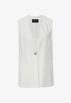 Gilet sans manches blanc avec un profond décolleté en V, fermeture à un bouton et deux poches avant ; tissu lisse et texturé avec une coupe ajustée.
