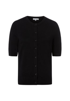 Schwarze Kurzarm-Strickjacke mit Rundhalsausschnitt und vorderer Knopfleiste aus feinem Strickstoff.