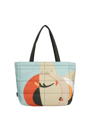 Borsa tote con manici neri che presenta un design astratto di volto in colori blu smorzato, beige, arancione, nero e bianco su tessuto trapuntato.