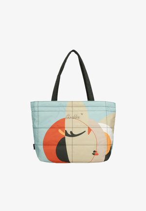 Borsa tote con manici neri che presenta un design astratto di volto in colori blu smorzato, beige, arancione, nero e bianco su tessuto trapuntato.
