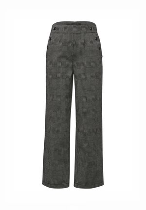 Pantalones de pierna ancha de cuadros grises con un patrón texturizado, que presentan dos botones en los bolsillos laterales y un diseño de cintura alta.
