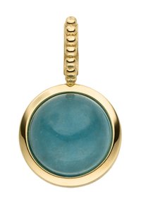 Goldanhänger mit einem runden Aquamarinstein, glatter Oberfläche und einem Perlenbail zum Aufhängen. Das Design betont Einfachheit und Eleganz.