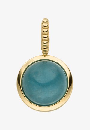 Gold pendant featuring a round aquamarine stone, smooth surface, and a beaded bail for hanging. The design emphasizes simplicity and elegance.