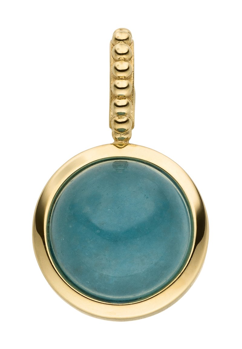Goldanhänger mit einem runden Aquamarinstein, glatter Oberfläche und einem Perlenbail zum Aufhängen. Das Design betont Einfachheit und Eleganz.