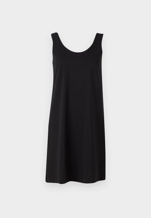 Rochie neagră fără mâneci, cu decolteu larg, confecționată dintr-un material neted, cu o siluetă dreaptă și un design până la genunchi.