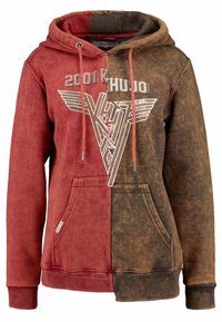 Mikina s kapucí, rozdělené barvy: červená a hnědá. Má přední kapsu, šňůrky a grafický design "2001 Khujo" na hrudi.