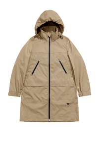 Beige waterdichte parka met een capuchon, rits aan de voorkant, twee ritszakken aan de zijkant en elastische manchetten. Gladde textuur, knielange ontwerp.