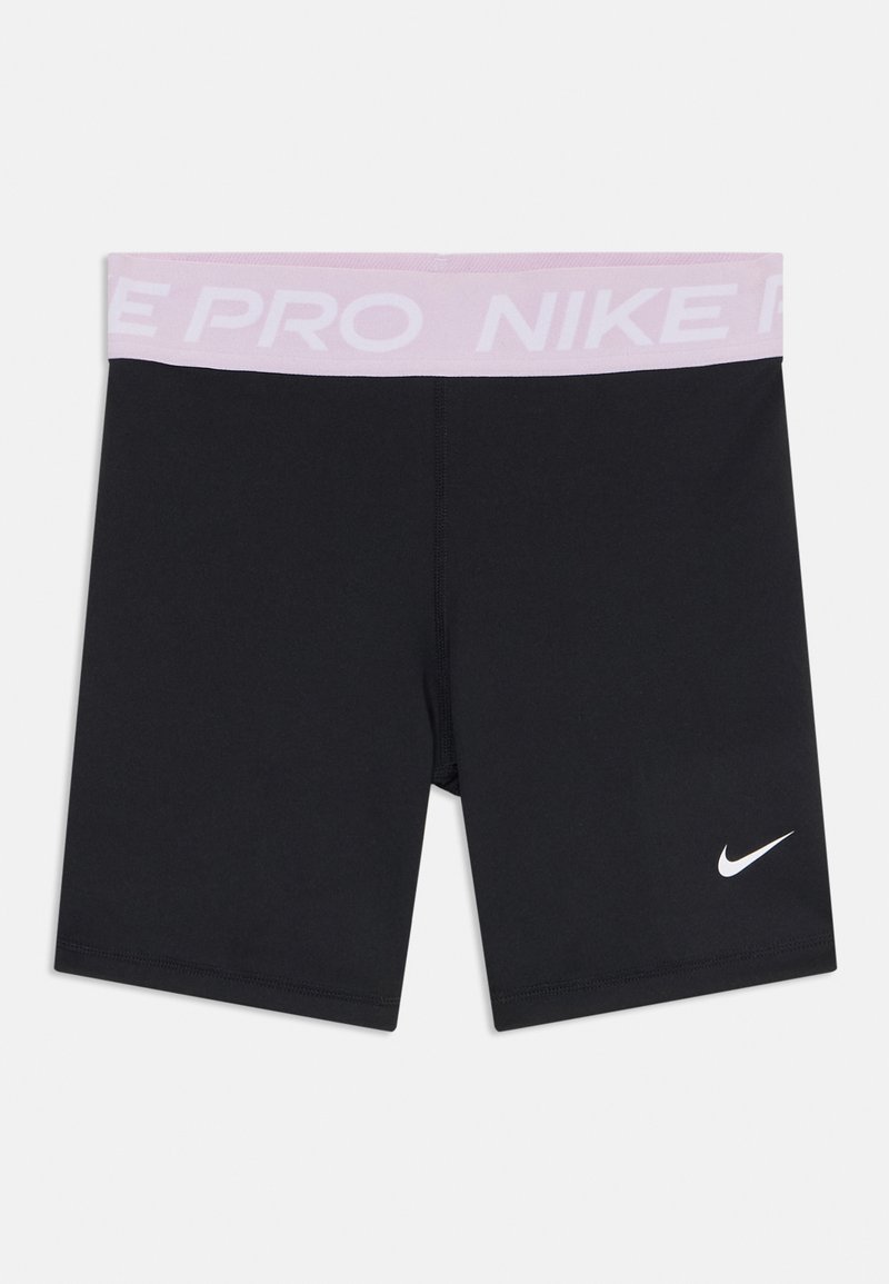 Mustad mustikas värvi sportlikud lühikesed püksid roosa elastse vöökohtaga, millel on kiri "NIKE PRO". Alumises vasakus nurgas on valge Nike'i logo.