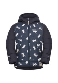 Marinblå pufferjacka med lekfullt Mumintryck, med huva, dragkedjestängning och elastiska ärmslut. Tillverkad av quiltat, isolerat material.