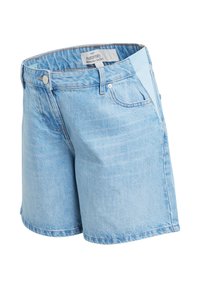 Hele sinised sünnitus-teksapüksid, millel on viis taskut, nööbiga sulgemine ning veniv vöökoht mugavuse tagamiseks. Sile tekstuur ja lõdvestunud lõige.