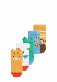 Pet par kratkih nogavic v oranžni, beli, zeleni, modri in rjavi barvi z vzorci živali. Ribanast vzorec, barvni poudarki na prstih in petah.