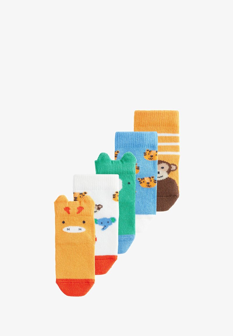 Cinq chaussettes colorées pour enfants avec des visages et oreilles d'animaux, comprenant une girafe, un ours, une grenouille, un tigre et un singe, disposées en ligne diagonale.