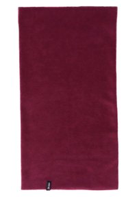 Burgundy fleece blanket, rectangular shape, soft texture, solid color, features a small black tag at one corner.