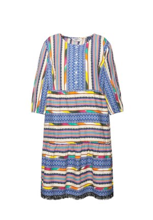 Monivärinen kuvioitu mekko, jossa on pyöreä pääntie, kolme neljännestä hihaa ja kerroksellinen hame. Mekossa on sinisiä, keltaisia ja punaisia raitoja sekä mustia yksityiskohtia.