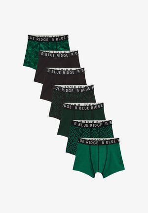 Set sedmih moških bokseric v različnih odtenkih zelene in črne barve. Vključuje vzorce in elastične pasove z napisom "BLUE RIDGE".