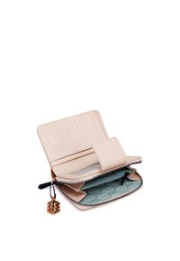 Light pink leather wallet with multiple card slots, zipper compartment, and patterned green interior. Includes a decorative wooden tag.