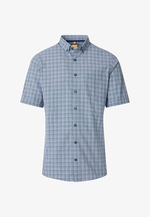 Korte mouwen overhemd in blauw geruit patroon met een button-down kraag, voorzien van donkerblauwe knopen en een borstzak aan de linkerkant. Lichtgewicht stof.