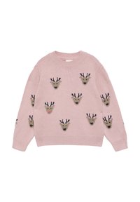 Jasnoróżowy sweter dzianinowy z motywem twarzy renifera w beżu i ciemnym niebieskim, z czerwonym nosem. Okrągły dekolt i ściągacze przy rękawach.