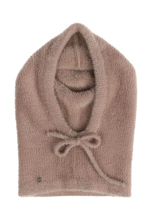 Beige kapuutsiga kaelakate, mis on valmistatud pehmest ja kohevast kangast. Sellel on nööriga sulgemine ja küljes on väike bränditud metallmärk.