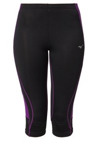 Leggings sportivi neri con accenti laterali viola e un logo. Realizzati in materiale elastico con una forma aderente, che termina sotto il ginocchio.