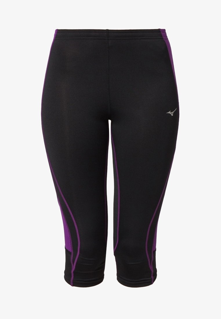 Mustat urheiluleggingsit, joissa on violetit sivuaksentit ja logo. Valmistettu joustavasta materiaalista, sopii tiukasti vartalon muotoon ja ulottuu polven alapuolelle.