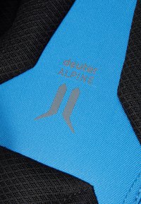 Deuter Alpine logo on a black and blue fabric, featuring textured patterns and smooth accents, with a prominent gray graphic element.