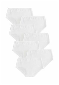 Weiße Baumwollunterwäsche in Briefform, mit einem hoch taillierten Design und glatter Textur. Paket mit sieben Stück, einheitlich im Stil und in der Farbe.
