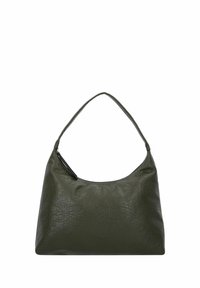 Grüne Lederhandtasche mit strukturierter Oberfläche, geschwungener Form und einem einzelnen Schultergurt. Mit Reißverschlussverschluss.