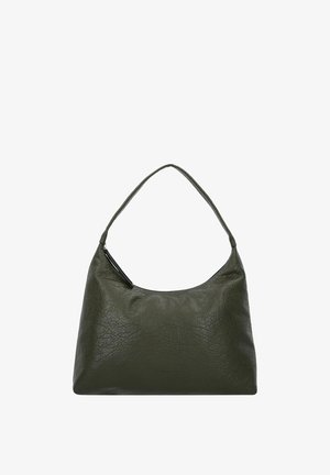 Sac à main en cuir vert avec une finition texturée, une forme incurvée et une seule bandoulière. Dispose d'une fermeture éclair.