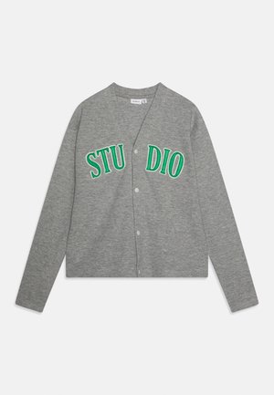 Cardigan grigio con bottoni, maniche lunghe e lettere verdi che formano la parola "STUDIO" divisa in due parti sul petto.