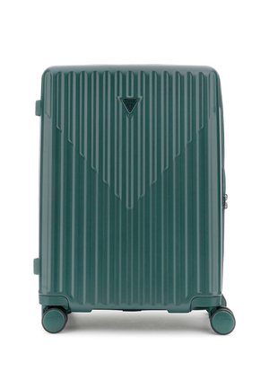 Teal hard-shell suitcase with vertical ribbed texture, a triangular logo, and dual wheels for mobility. Features a side handle.